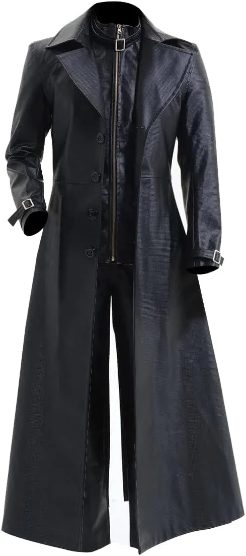 Mens Black Leather Trench Coat - Double Breasted German Classic Officer WW2 Military Uniform Jacket