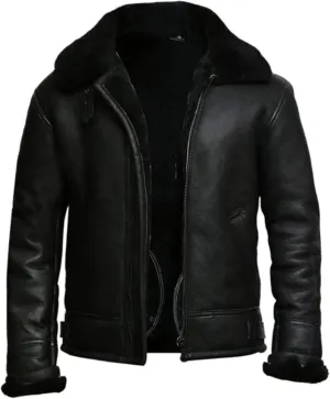 Men's Bomber Aviator B3 Fur Shearling Flying Pilot Real Sheepskin Black Leather Jacket