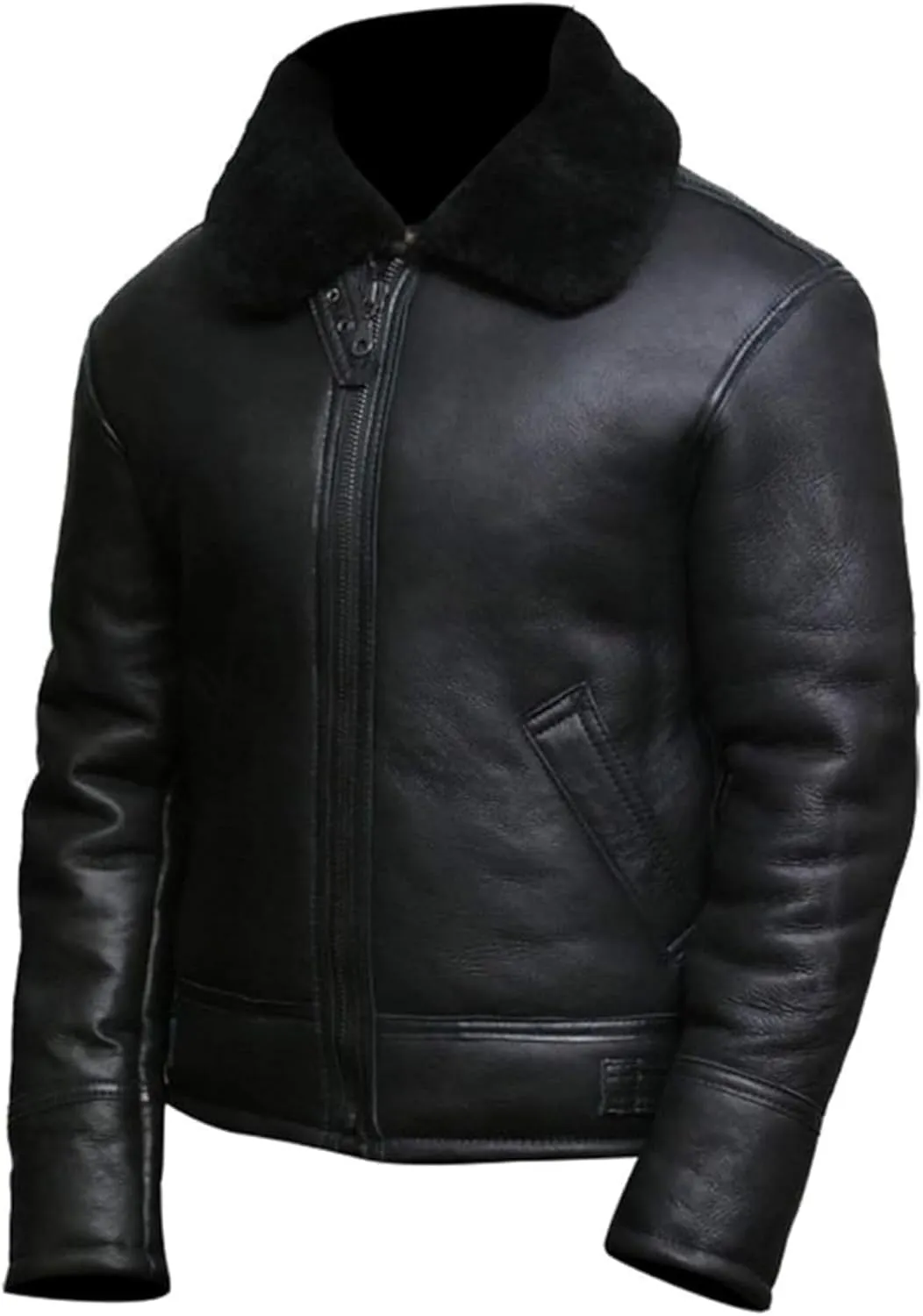 Men's Bomber Aviator B3 Fur Shearling Flying Pilot Real Sheepskin Black Leather Jacket