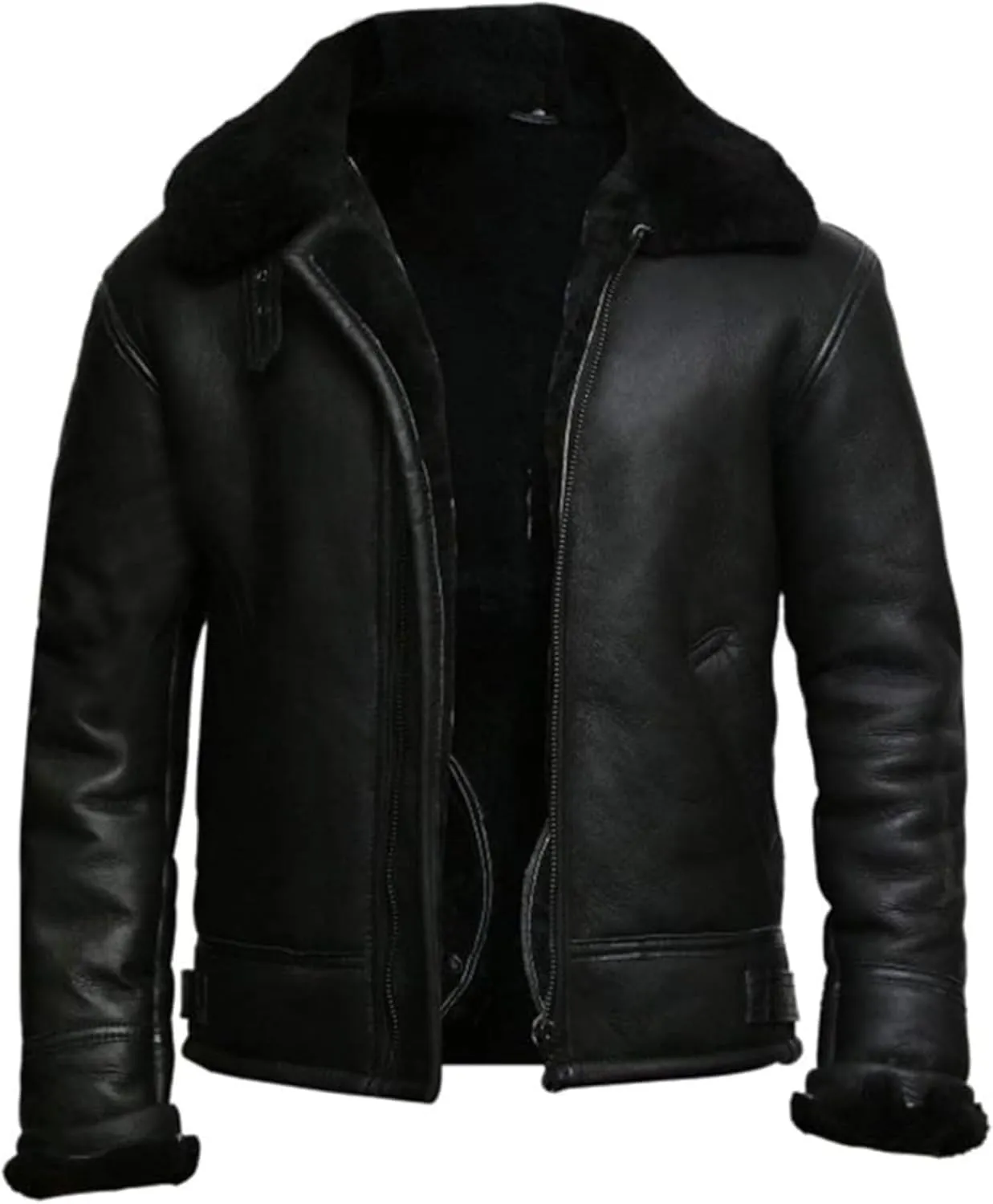 Men's Bomber Aviator B3 Fur Shearling Flying Pilot Real Sheepskin Black Leather Jacket