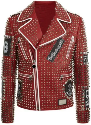 Men,s Brando Motorcycle Jacket - Studded Spikes Punk Rock Multicolor Cowhide Leather Biker Jackets