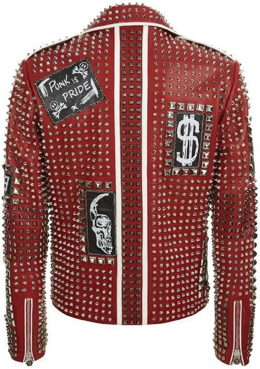 Men,s Brando Motorcycle Jacket - Studded Spikes Punk Rock Multicolor Cowhide Leather Biker Jackets