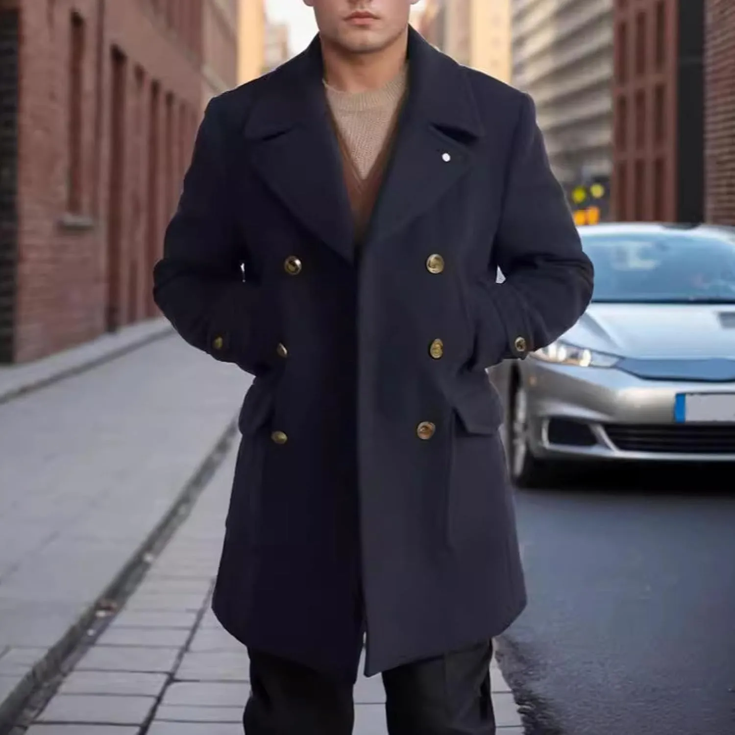 Mens Classic Pea Coat Classic Notched Lapels Double Breasted Overcoat Loose Fit Winter Warm Heavyweight Trench Coats