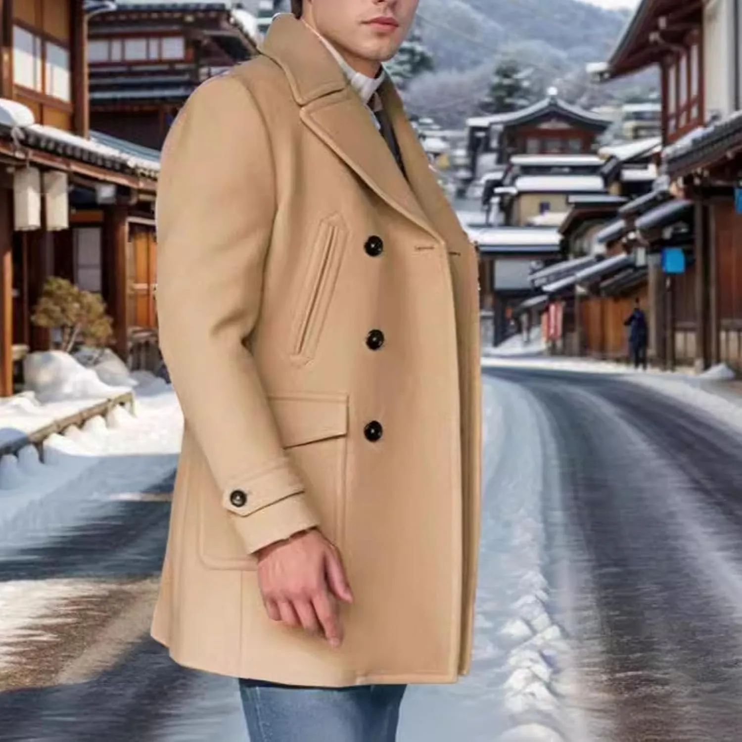 Mens Classic Pea Coat Classic Notched Lapels Double Breasted Overcoat Loose Fit Winter Warm Heavyweight Trench Coats