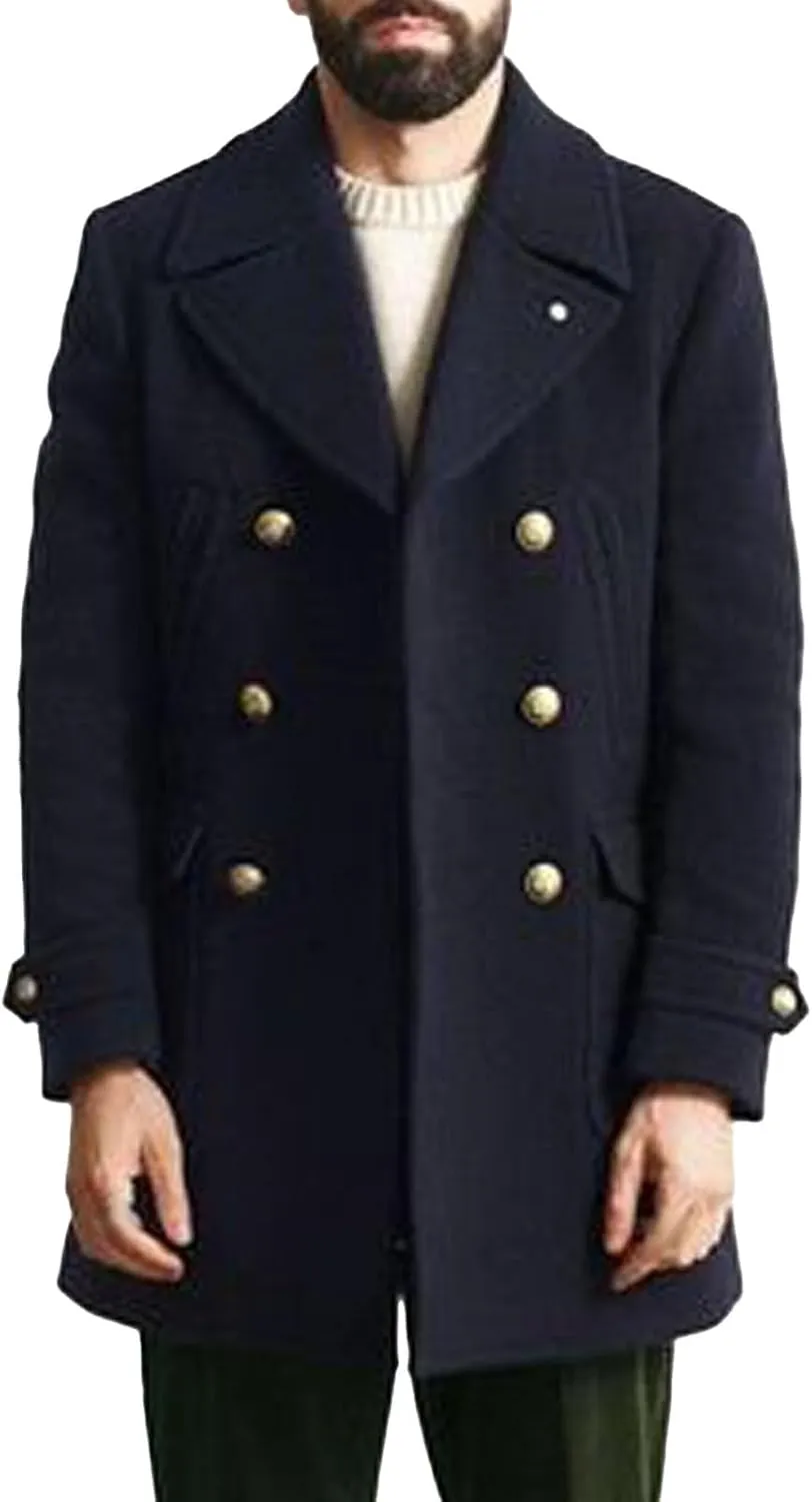 Mens Classic Pea Coat Classic Notched Lapels Double Breasted Overcoat Loose Fit Winter Warm Heavyweight Trench Coats