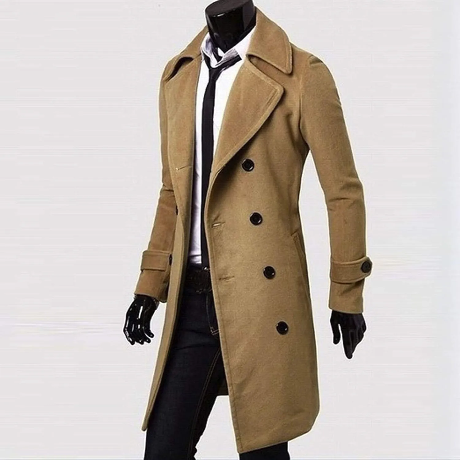 Men's Classic Wool Trench Overcoat Single Breasted Mid Long Wool Blend Top Pea Coats Jackets