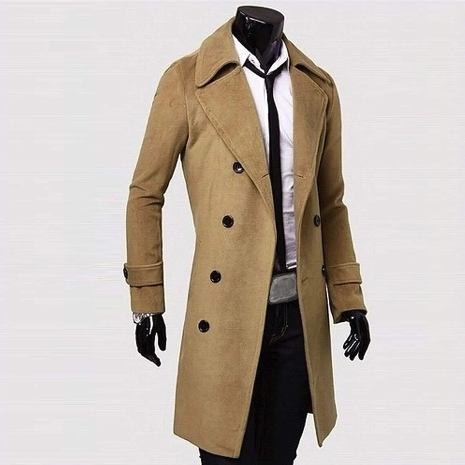 Men's Classic Wool Trench Overcoat Single Breasted Mid Long Wool Blend Top Pea Coats Jackets