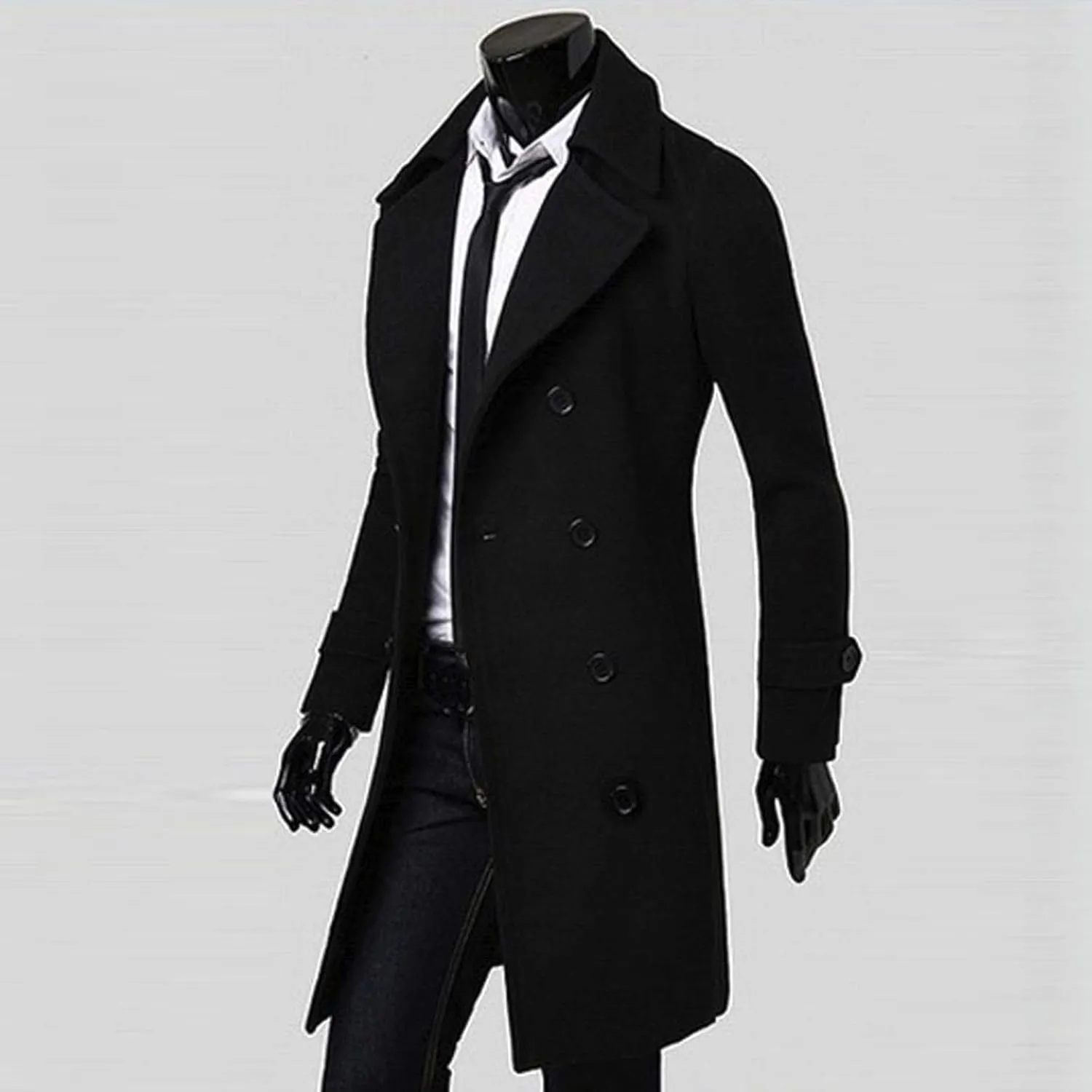 Men's Classic Wool Trench Overcoat Single Breasted Mid Long Wool Blend Top Pea Coats Jackets