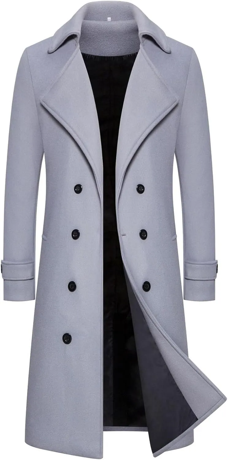 Men's Classic Wool Trench Overcoat Single Breasted Mid Long Wool Blend Top Pea Coats Jackets