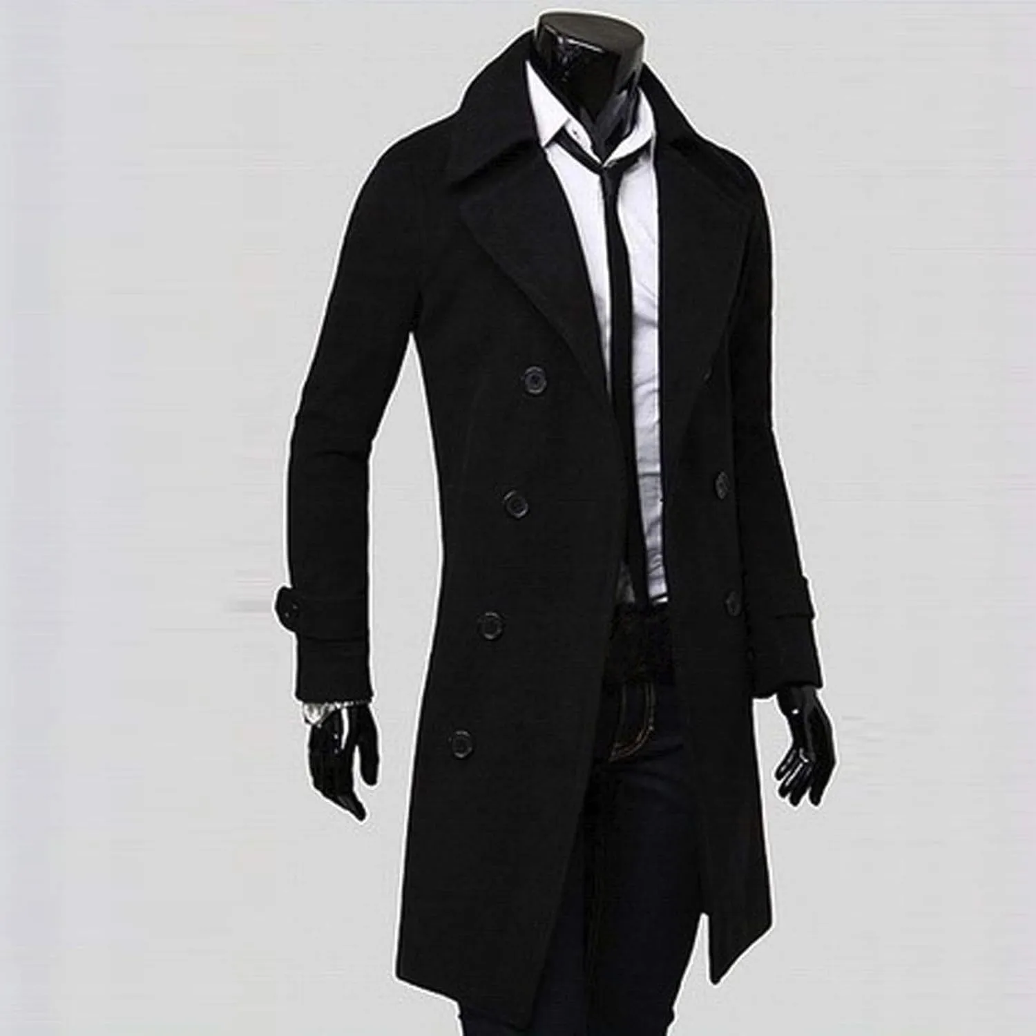 Men's Classic Wool Trench Overcoat Single Breasted Mid Long Wool Blend Top Pea Coats Jackets