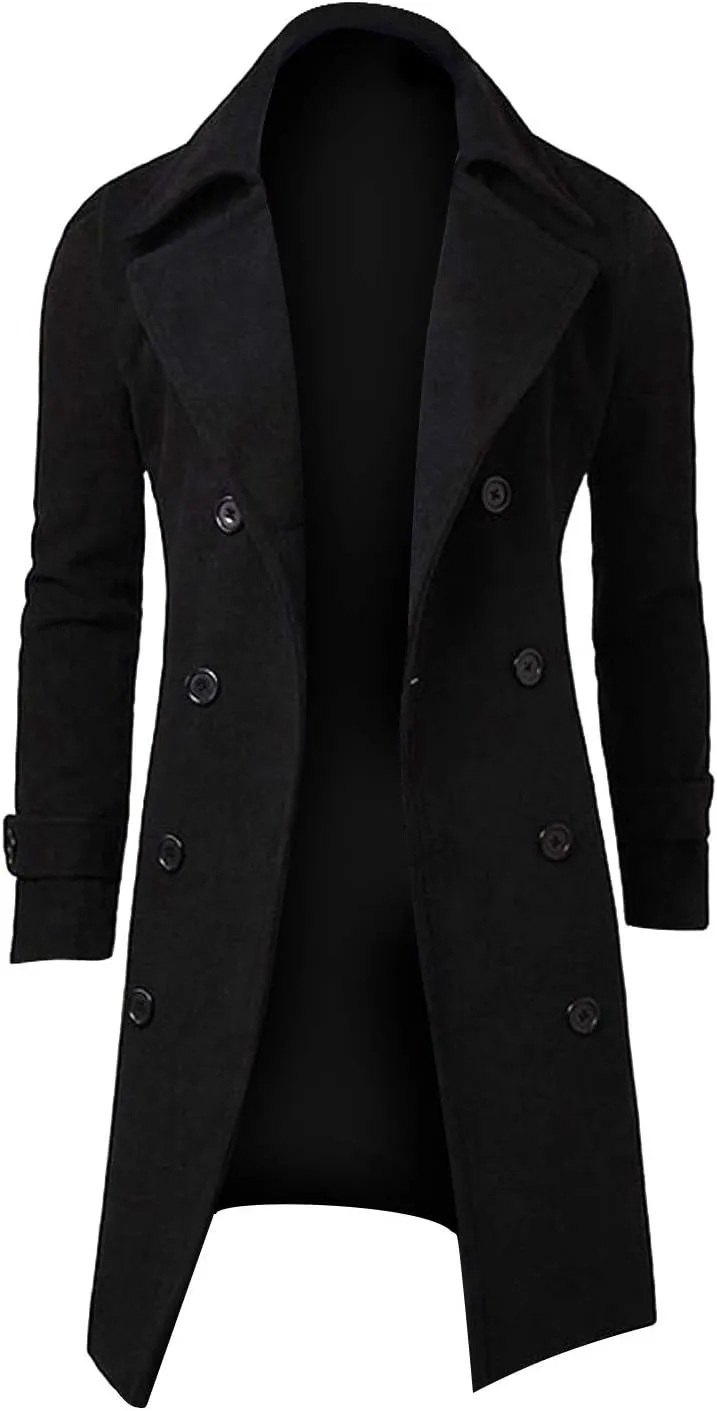 Men's Classic Wool Trench Overcoat Single Breasted Mid Long Wool Blend Top Pea Coats Jackets