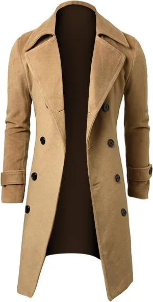 Men's Classic Wool Trench Overcoat Single Breasted Mid Long Wool Blend Top Pea Coats Jackets