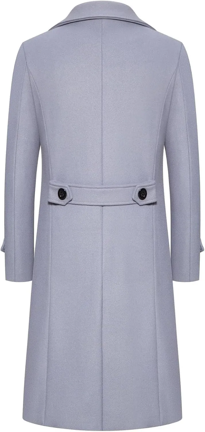 Men's Classic Wool Trench Overcoat Single Breasted Mid Long Wool Blend Top Pea Coats Jackets