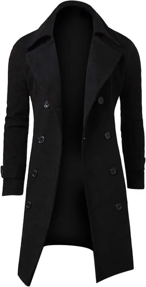 Men's Classic Wool Trench Overcoat Single Breasted Mid Long Wool Blend Top Pea Coats Jackets