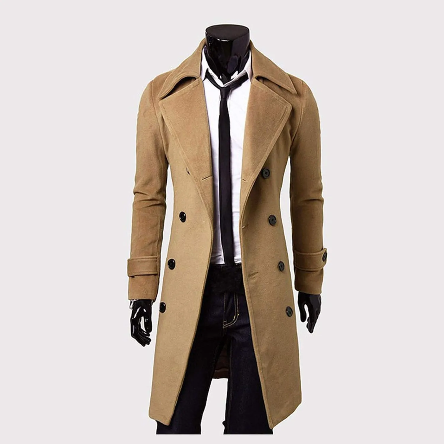 Men's Classic Wool Trench Overcoat Single Breasted Mid Long Wool Blend Top Pea Coats Jackets