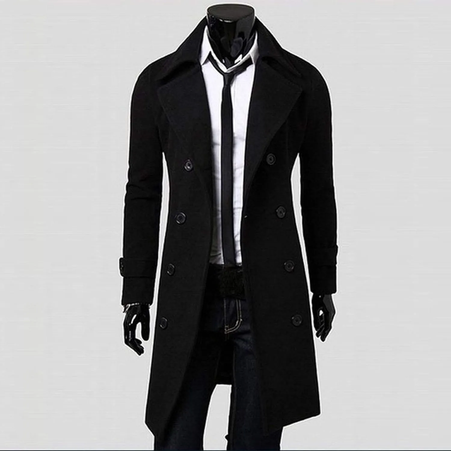 Men's Classic Wool Trench Overcoat Single Breasted Mid Long Wool Blend Top Pea Coats Jackets