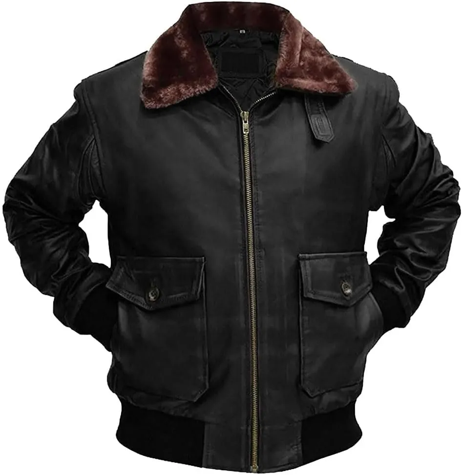 Mens G-1 Fur Collar US Navy Flight Distressed Brown Aviator Genuine Leather Jacket