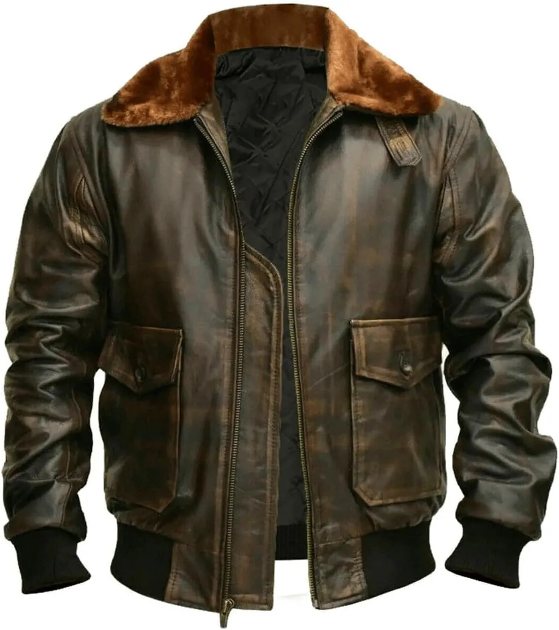 Mens G-1 Fur Collar US Navy Flight Distressed Brown Aviator Genuine Leather Jacket