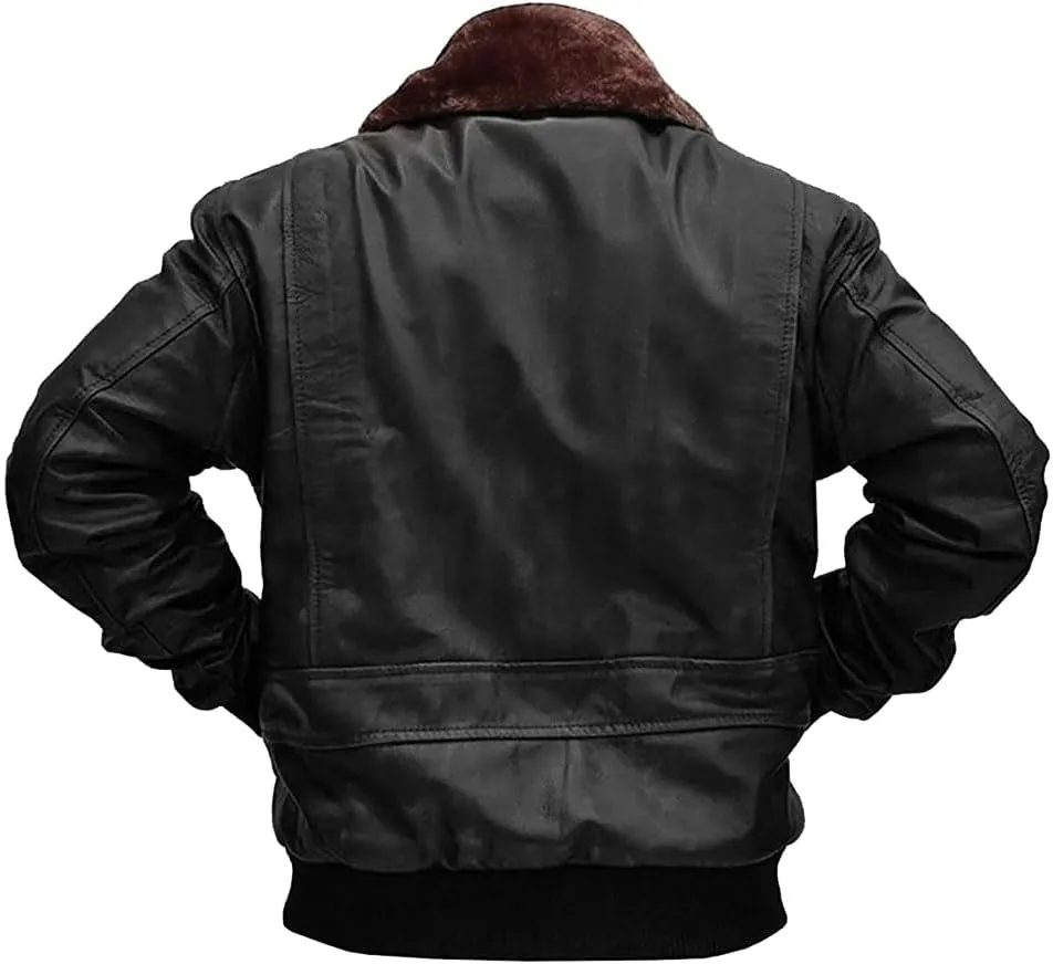 Mens G-1 Fur Collar US Navy Flight Distressed Brown Aviator Genuine Leather Jacket