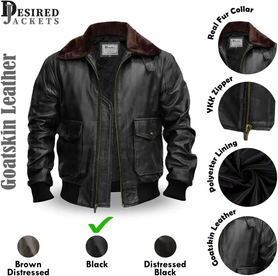 Mens G-1 Fur Collar US Navy Flight Distressed Brown Aviator Genuine Leather Jacket