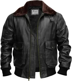 Mens G-1 Fur Collar US Navy Flight Distressed Brown Aviator Genuine Leather Jacket