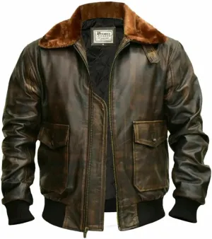 Mens G-1 Fur Collar US Navy Flight Distressed Brown Aviator Genuine Leather Jacket