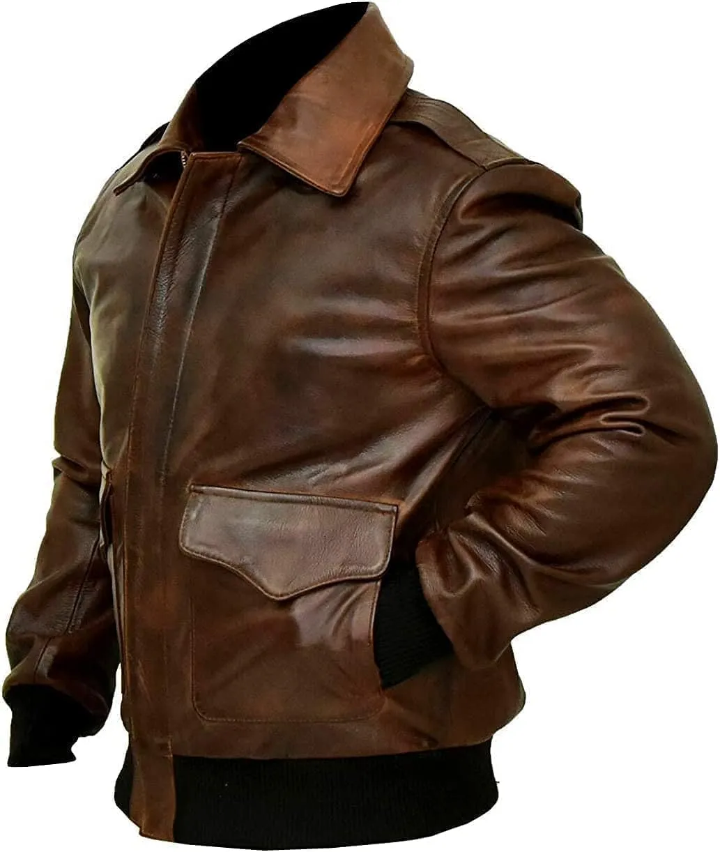 Mens G-1 Fur Collar US Navy Flight Distressed Brown Aviator Genuine Leather Jacket