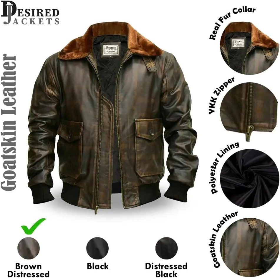 Mens G-1 Fur Collar US Navy Flight Distressed Brown Aviator Genuine Leather Jacket