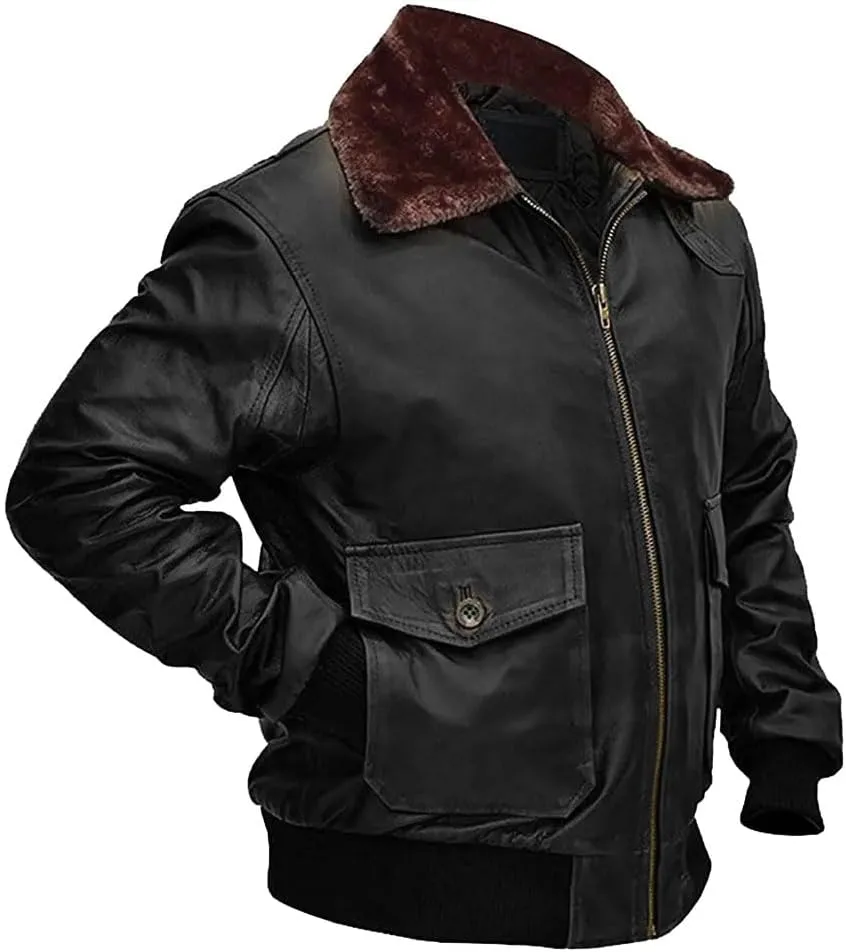 Mens G-1 Fur Collar US Navy Flight Distressed Brown Aviator Genuine Leather Jacket