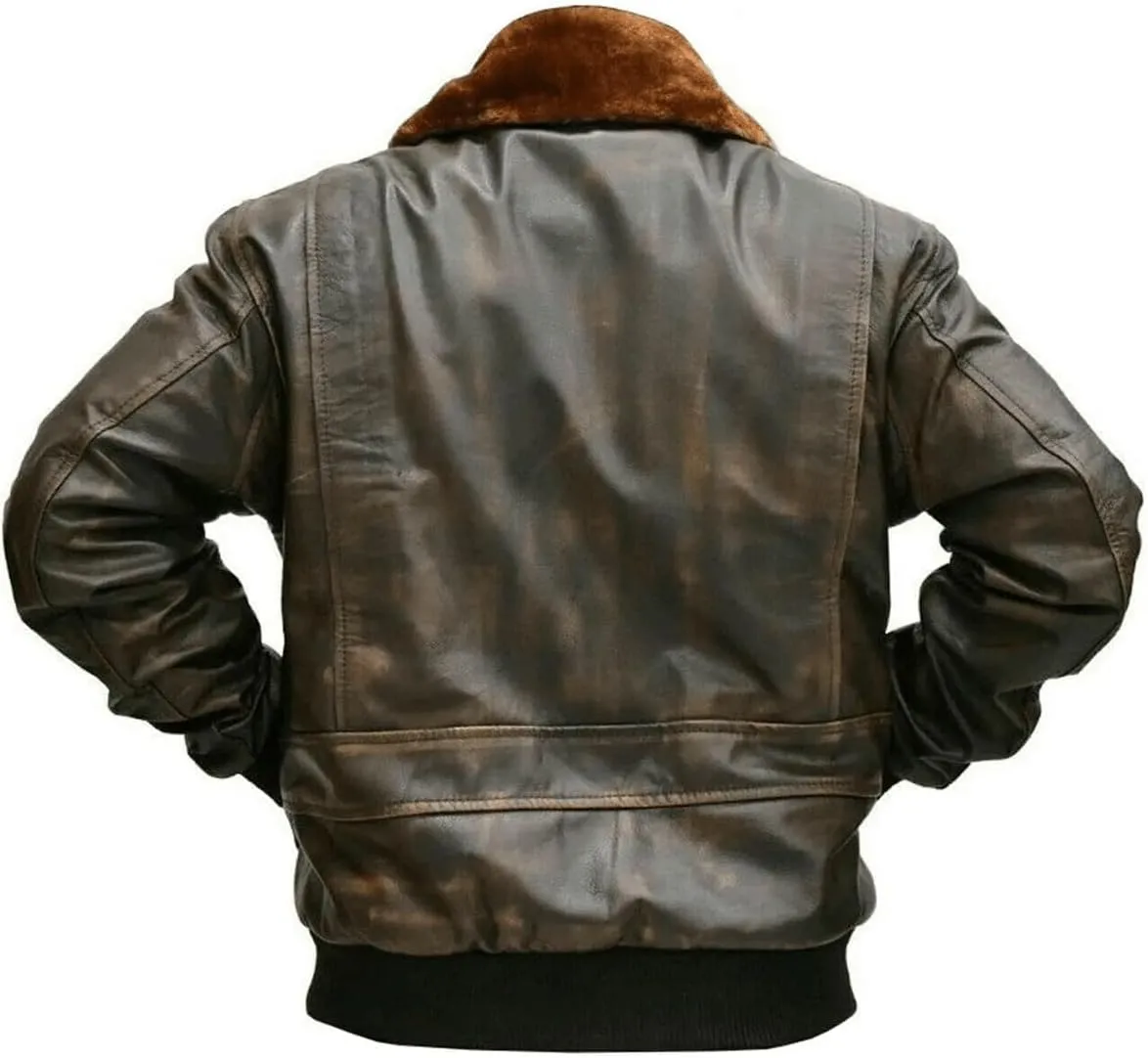 Mens G-1 Fur Collar US Navy Flight Distressed Brown Aviator Genuine Leather Jacket