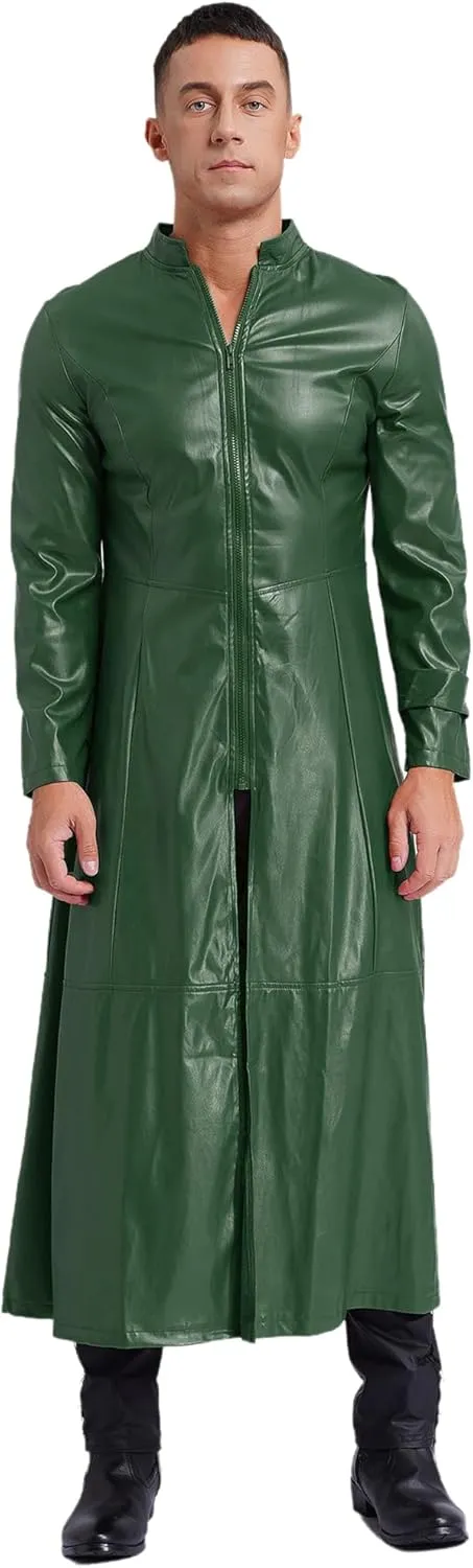 Mens Gothic Leather Trench Coat Autumn Winter Long Coat Leather Coat Faux Leather Jacket Outwear