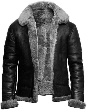 Mens Leather Bomber Jacket B3 Shearling Aviator Flying Jacket Sheepskin Winter Coat Vintage Trucker Cardigan Jacket