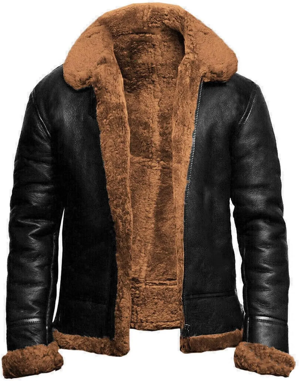 Mens Leather Bomber Jacket B3 Shearling Aviator Flying Jacket Sheepskin Winter Coat Vintage Trucker Cardigan Jacket
