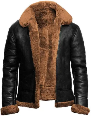 Mens Leather Bomber Jacket B3 Shearling Aviator Flying Jacket Sheepskin Winter Coat Vintage Trucker Cardigan Jacket