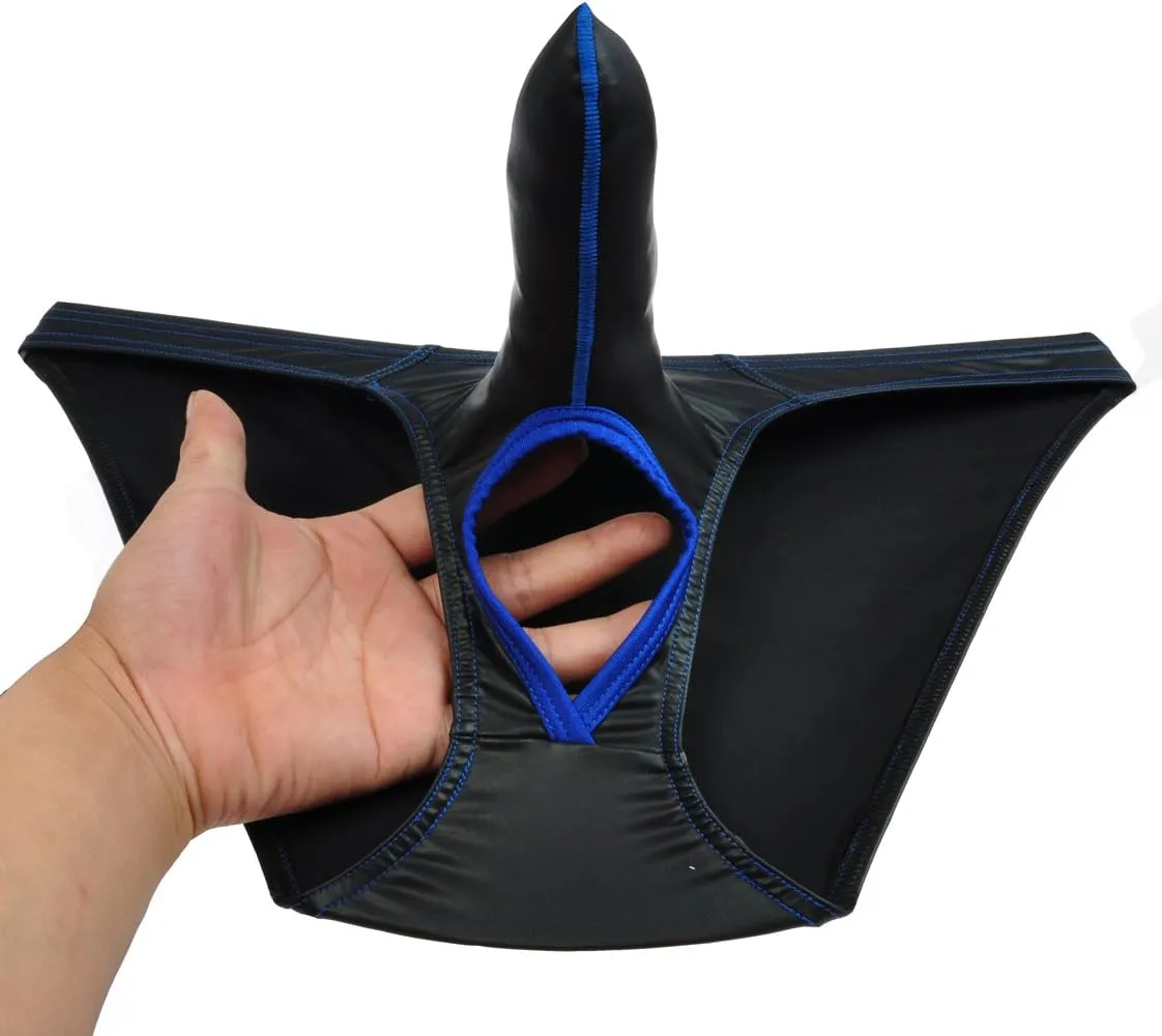 Men's Leather Like Nuts Out Brief Ball Hole Underwear Sexy Long Bulge Poch Briefs Shorts