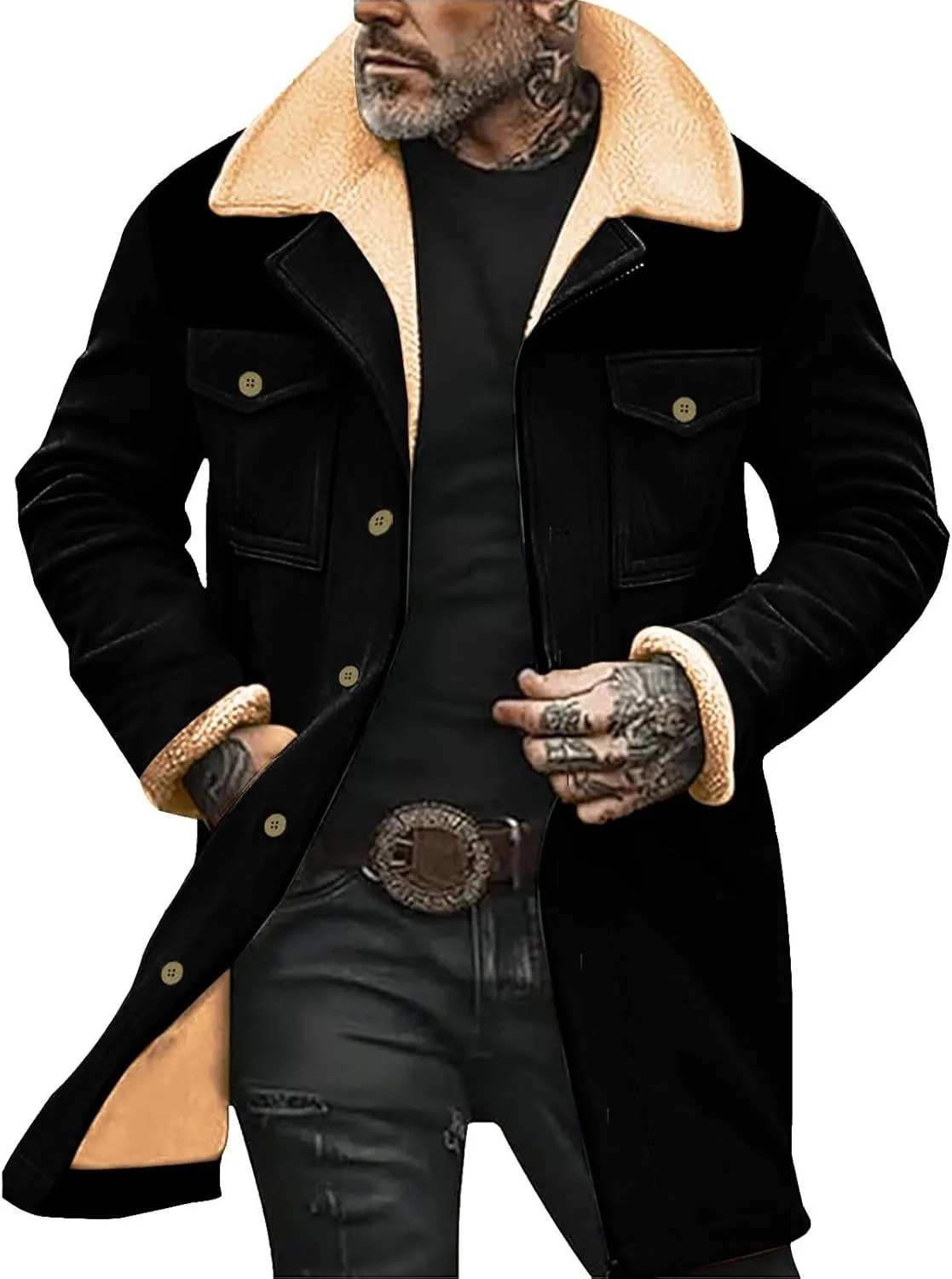 Men's Pea Coat Classic Long Trench Coat Coat Jacket Wool Long Sleeve Warm Coat Turn-down Collar Coat Warm Winter