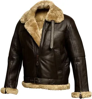 Men's RAF B3 Aviator Sheepskin Leather Jacket with Fur Collar & Adjustable Waist Belt  Mens Bomber Jacket