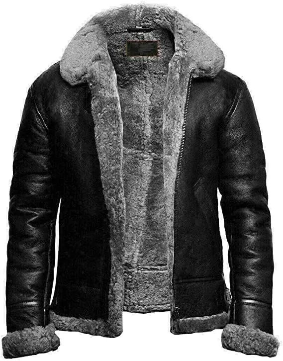 Men's RAF B3 Aviator Sheepskin Leather Jacket with Fur Collar & Adjustable Waist Belt  Mens Bomber Jacket