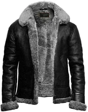 Men's RAF B3 Aviator Sheepskin Leather Jacket with Fur Collar & Adjustable Waist Belt  Mens Bomber Jacket