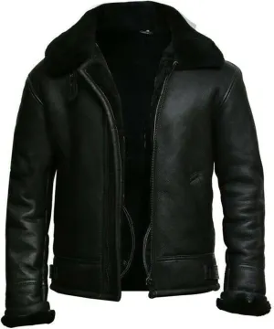Men's RAF B3 Aviator Sheepskin Leather Jacket with Fur Collar & Adjustable Waist Belt  Mens Bomber Jacket