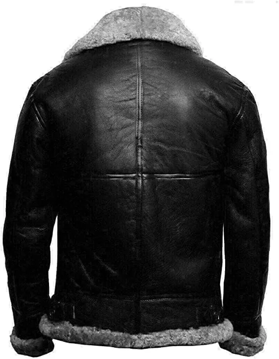 Men's RAF B3 Aviator Sheepskin Leather Jacket with Fur Collar & Adjustable Waist Belt  Mens Bomber Jacket