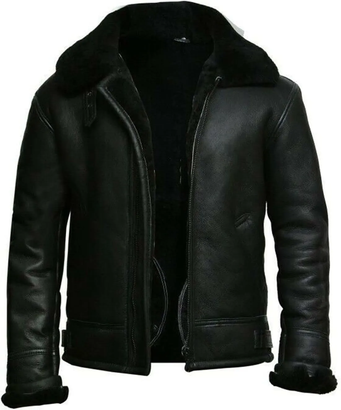 Men's RAF B3 Aviator Sheepskin Leather Jacket with Fur Collar & Adjustable Waist Belt  Mens Bomber Jacket