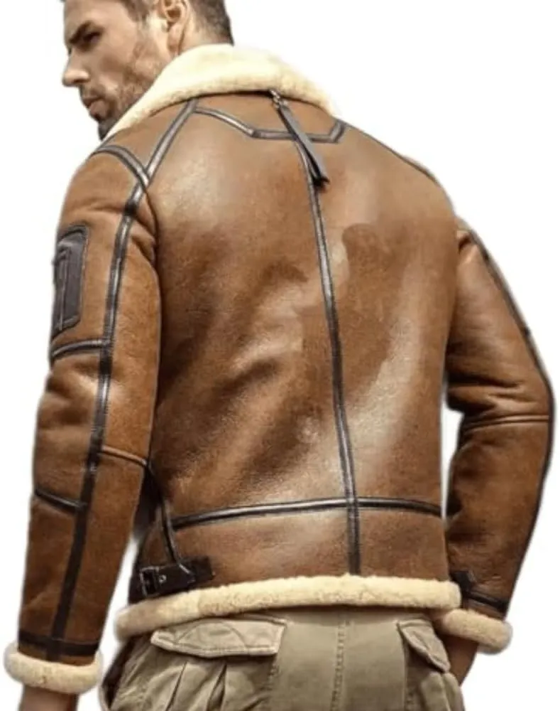 Men's RAF B3 Bomber Flight Pilot Aviator Fur Shearling Sheepskin Brown Leather Jacket