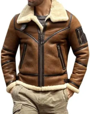 Men's RAF B3 Bomber Flight Pilot Aviator Fur Shearling Sheepskin Brown Leather Jacket
