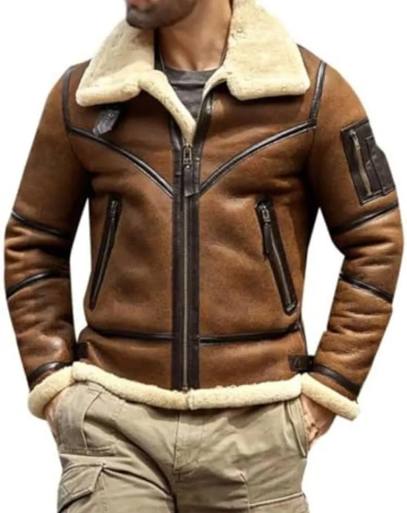 Men's RAF B3 Bomber Flight Pilot Aviator Fur Shearling Sheepskin Brown Leather Jacket