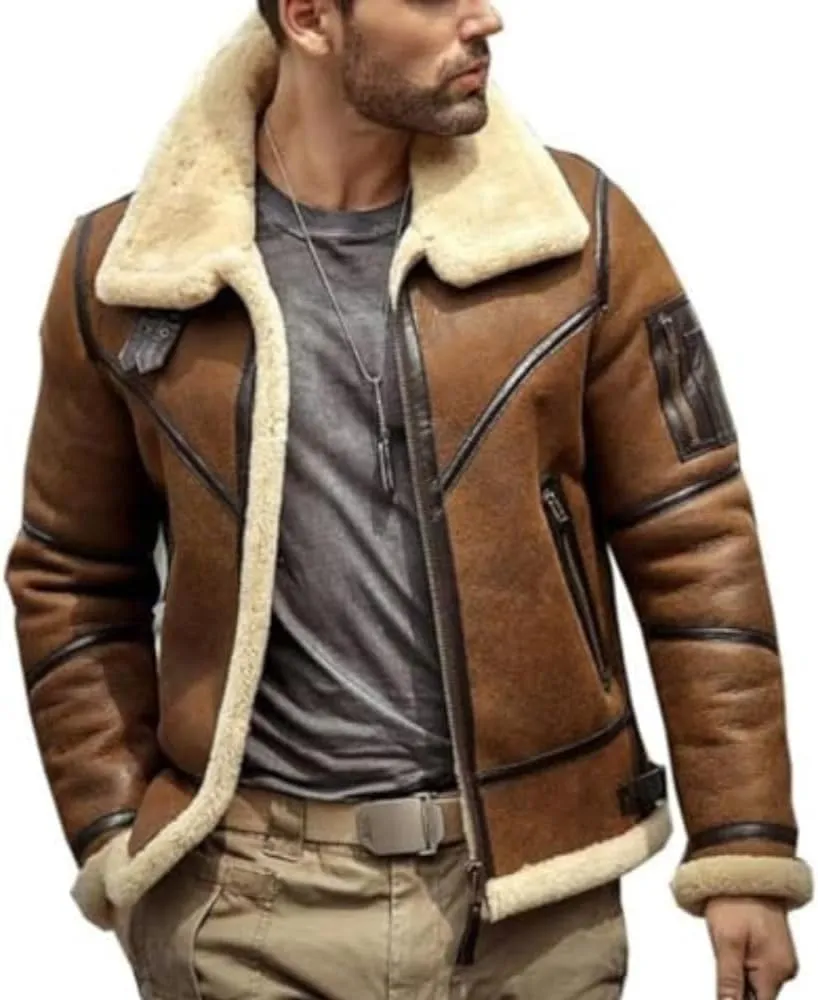 Men's RAF B3 Bomber Flight Pilot Aviator Fur Shearling Sheepskin Brown Leather Jacket