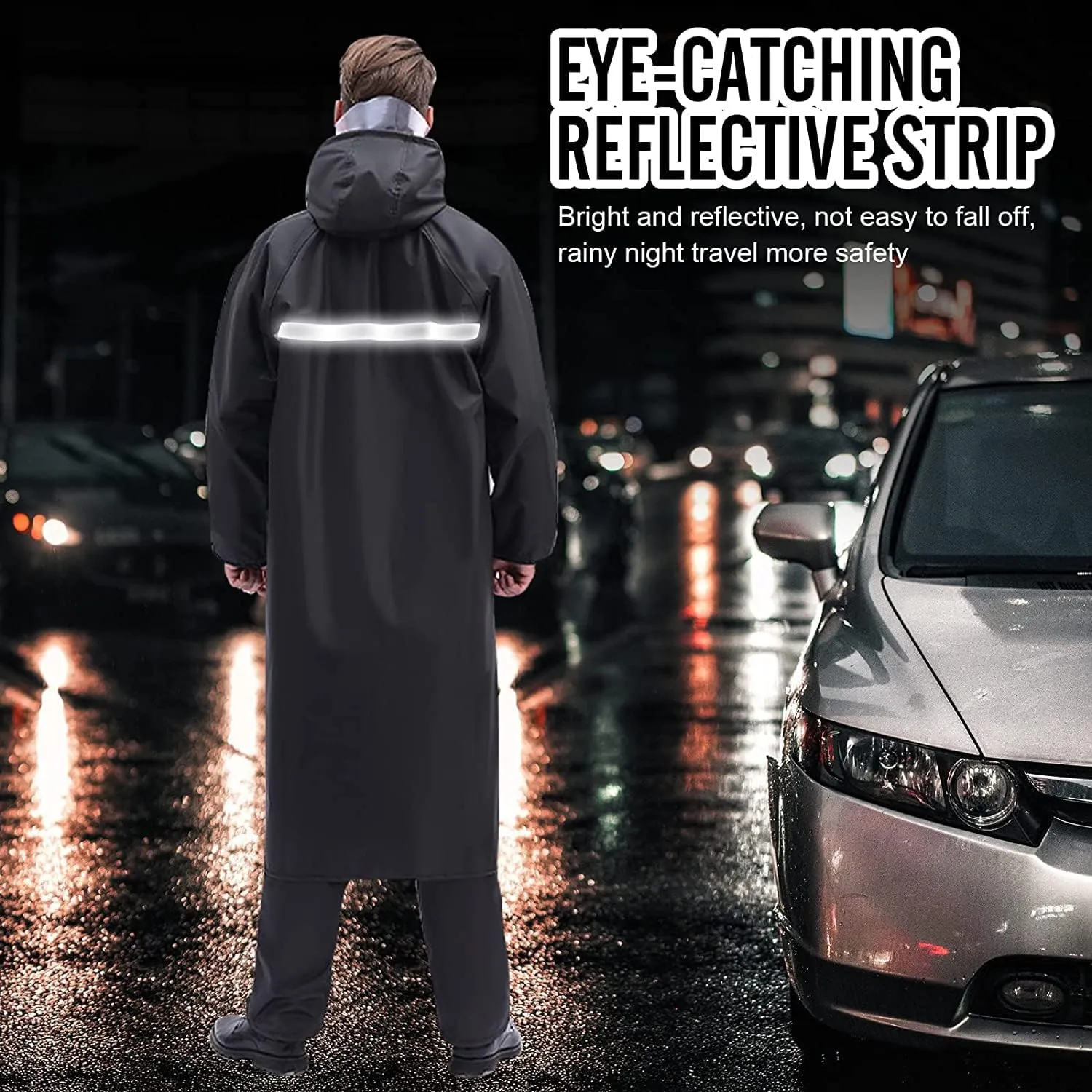 Men's Raincoat Long Black Rain Jacket Hooded Waterproof Emergency Poncho Raincoat Trench Fishing Coat