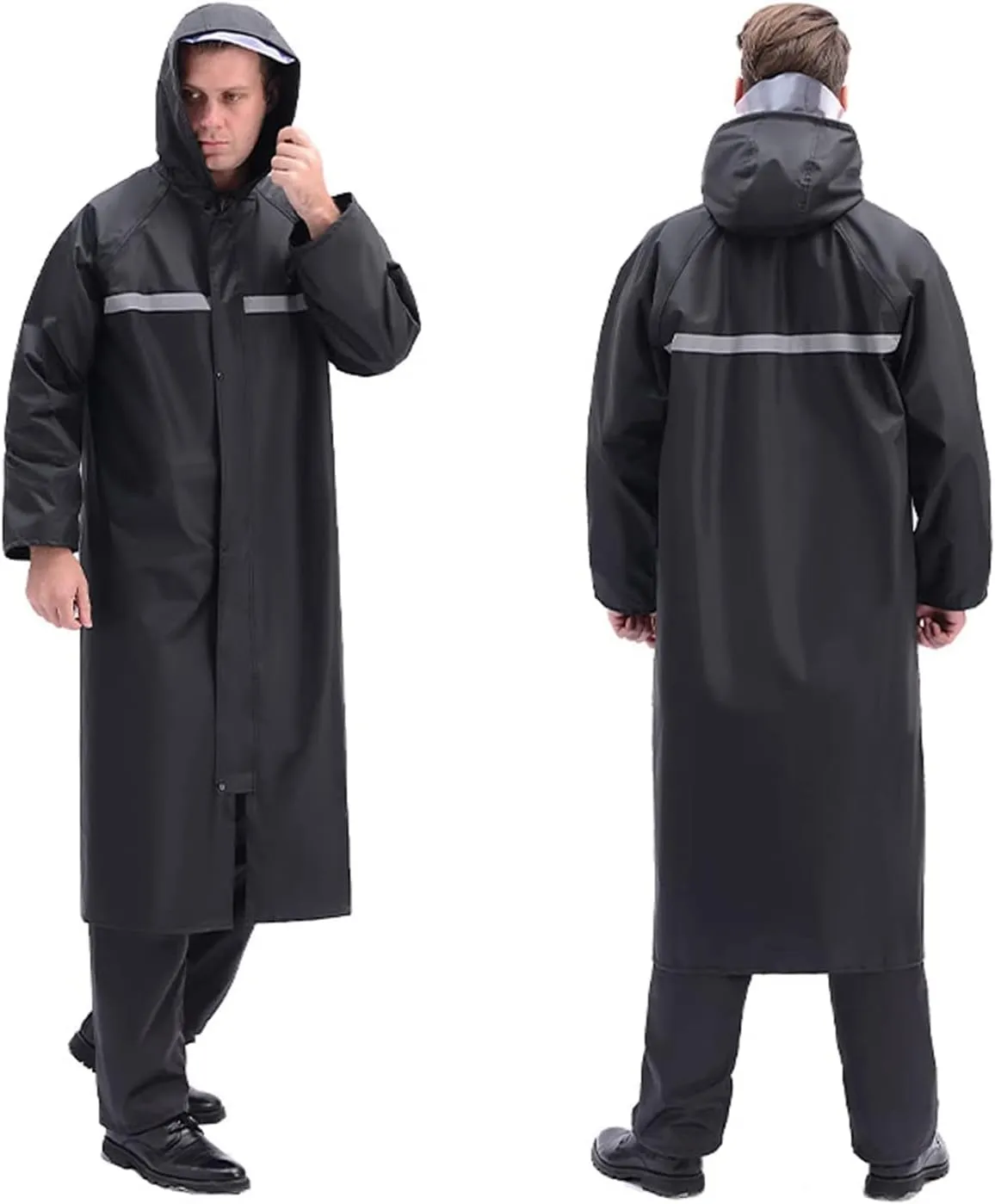 Men's Raincoat Long Black Rain Jacket Hooded Waterproof Emergency Poncho Raincoat Trench Fishing Coat