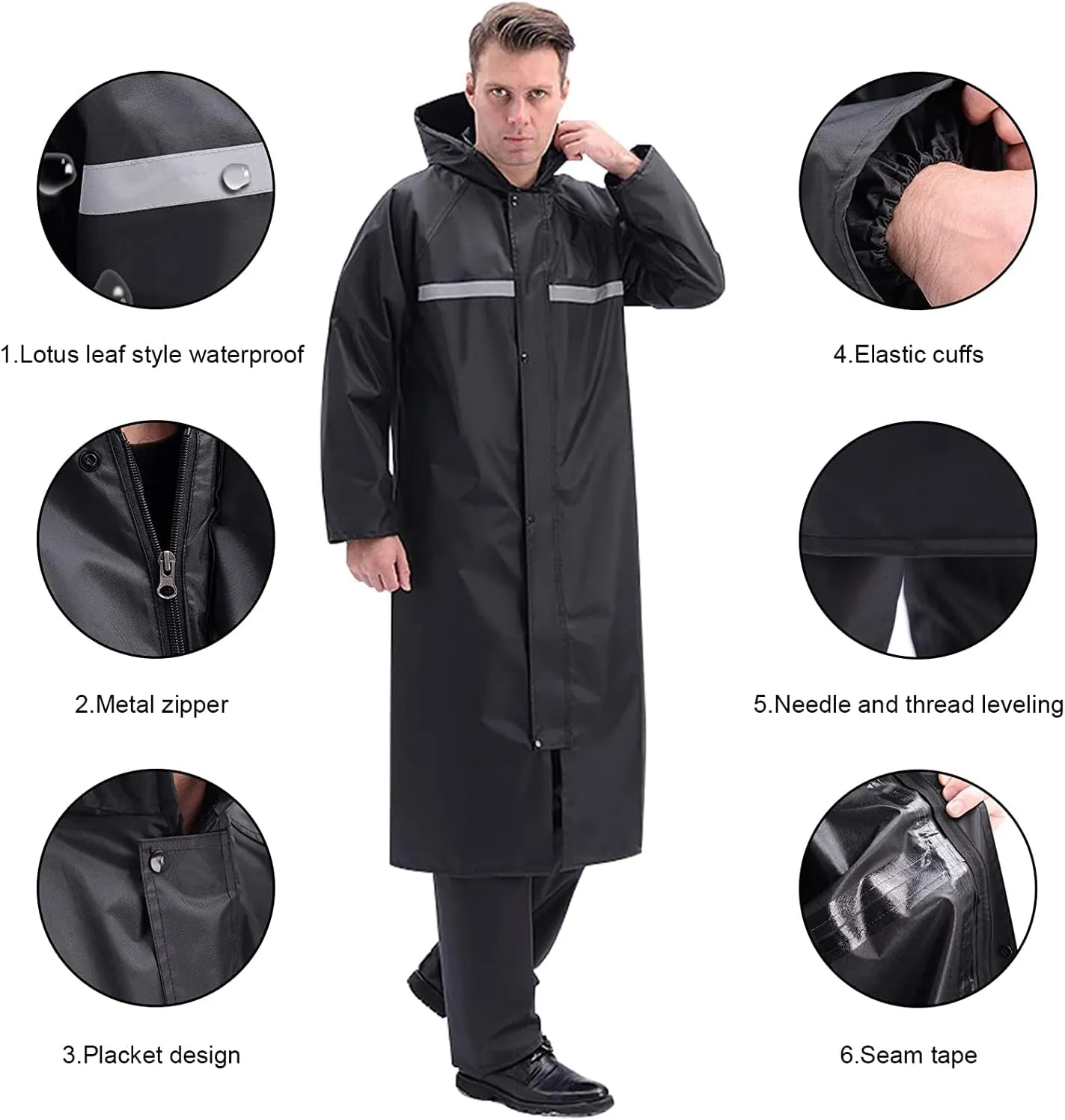 Men's Raincoat Long Black Rain Jacket Hooded Waterproof Emergency Poncho Raincoat Trench Fishing Coat