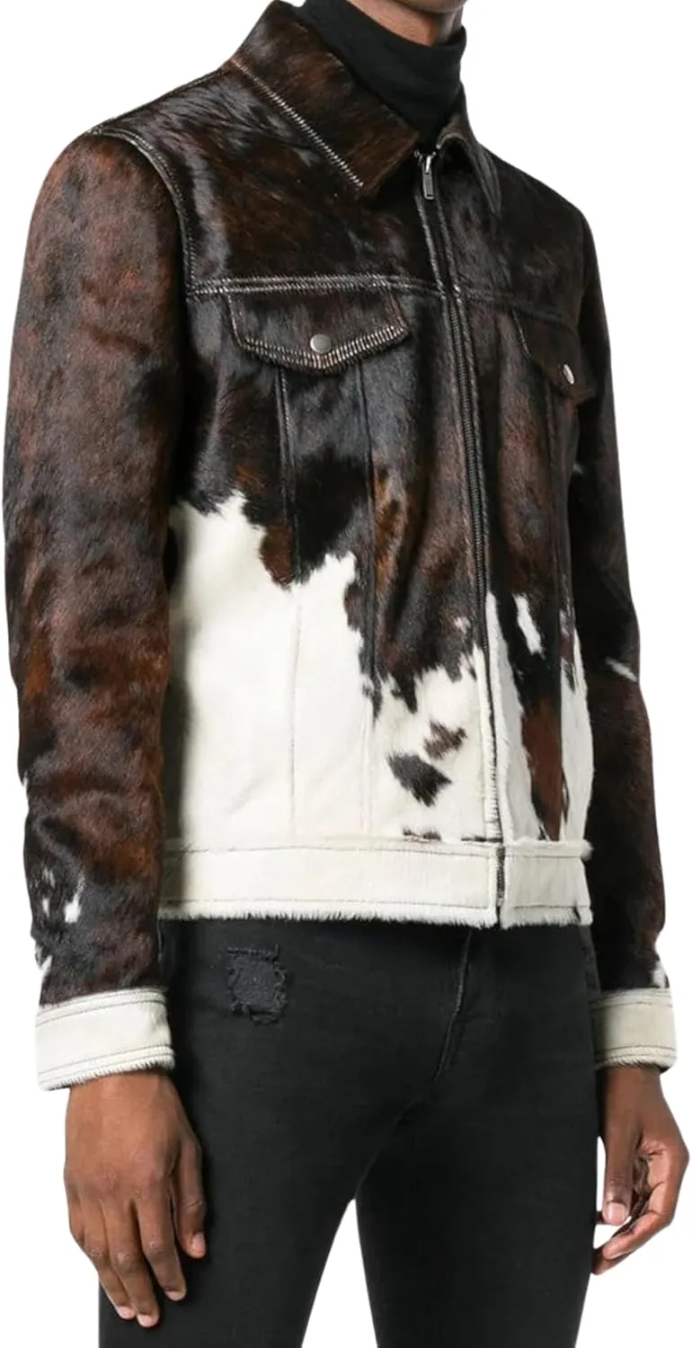 Men's Real Cow Hair on Leather Jacket, Cow Skin Print Pony Skin Coat, Casual